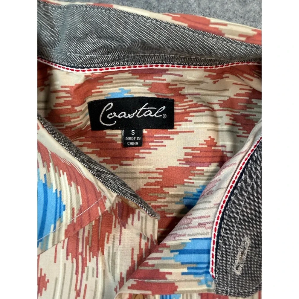 Coastal Mens Small Ikat Diamond Print Short Sleeve Button Up Shirt Red‎ Blue NEW